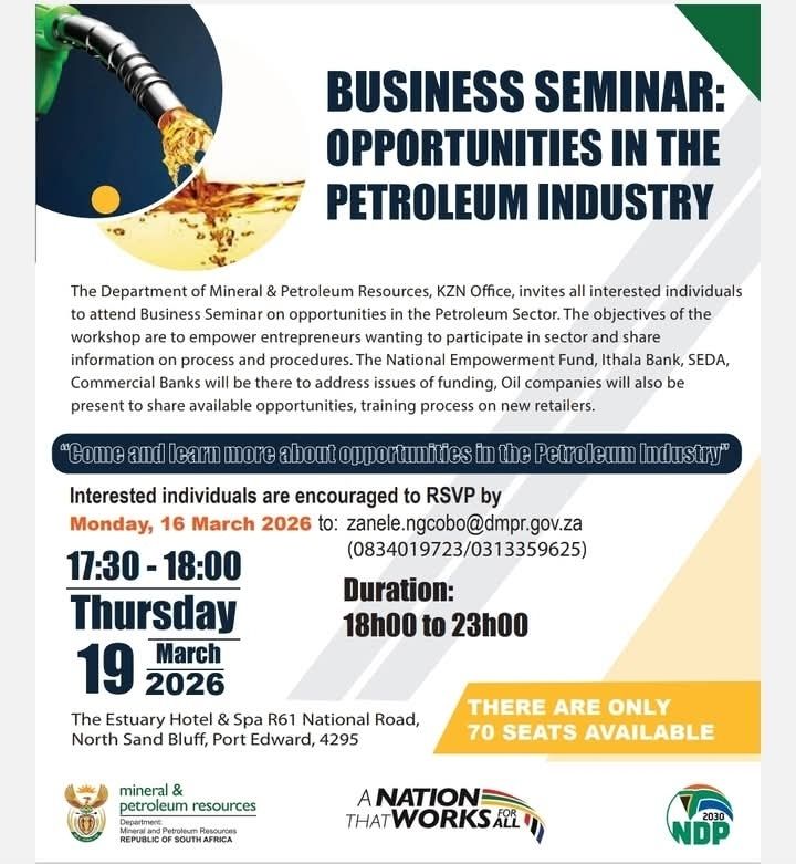 KZN Department of Mineral and Petroleum Resources invites interested parties to attend a business seminar #Petroleum #businessopportunities #YouthEmploymentSA