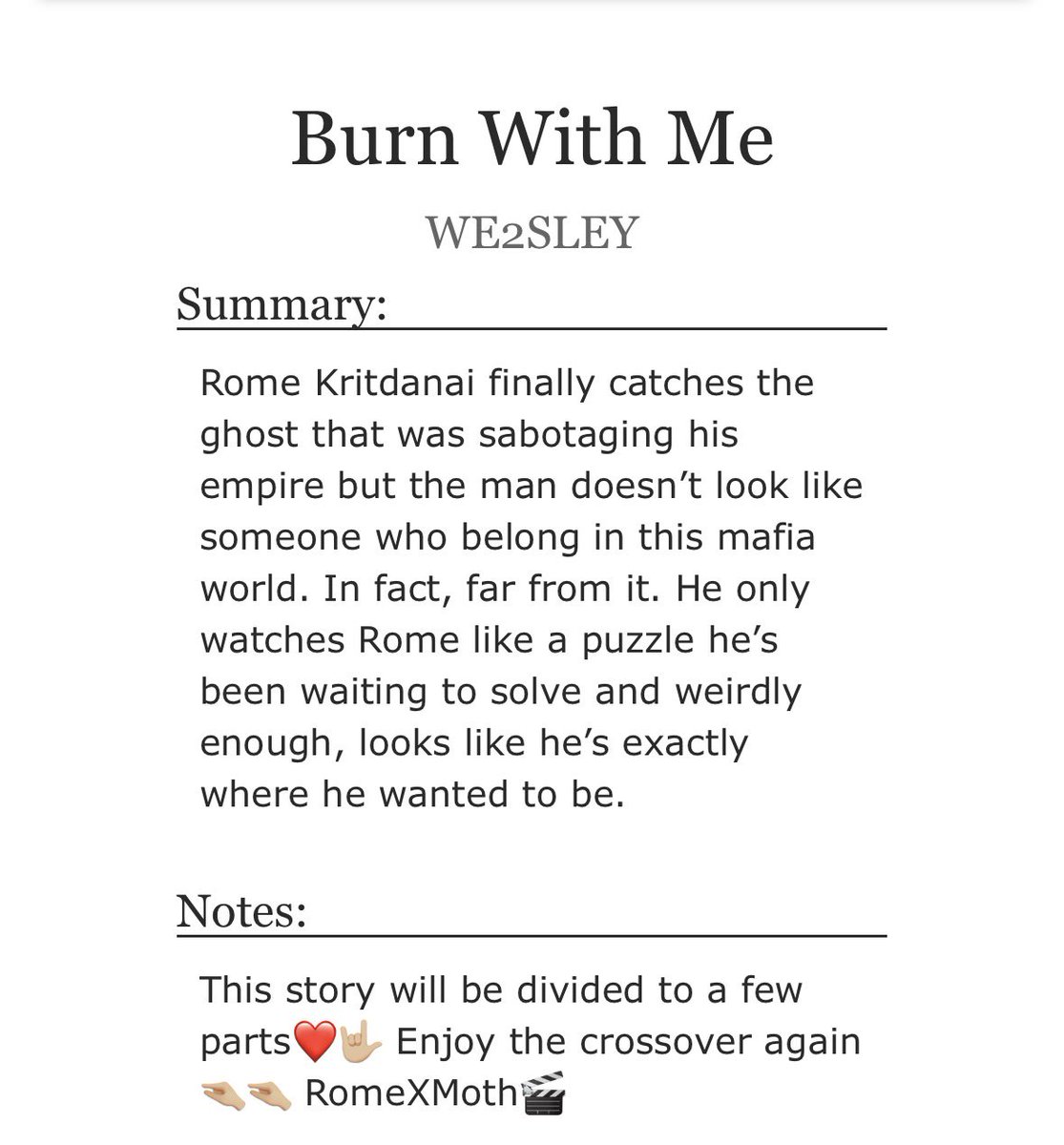 WE2SLEY's tweet photo. So I’ve been thinking, and people wants a Rome x Moth fic again so here it is . The first part for this series ❤️
#WilliamEst #RomeMoth
https://t.co/bxdA1HgsIx https://t.co/DRTQkqBjpT