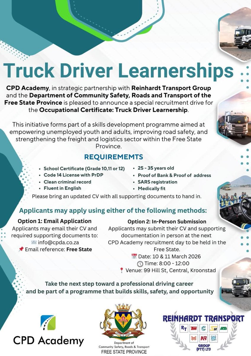 Truck Driver #Learnership #driver #truckdriver #training #freestate #cpdacademy #YouthEmploymentSA #occupationalcertificate