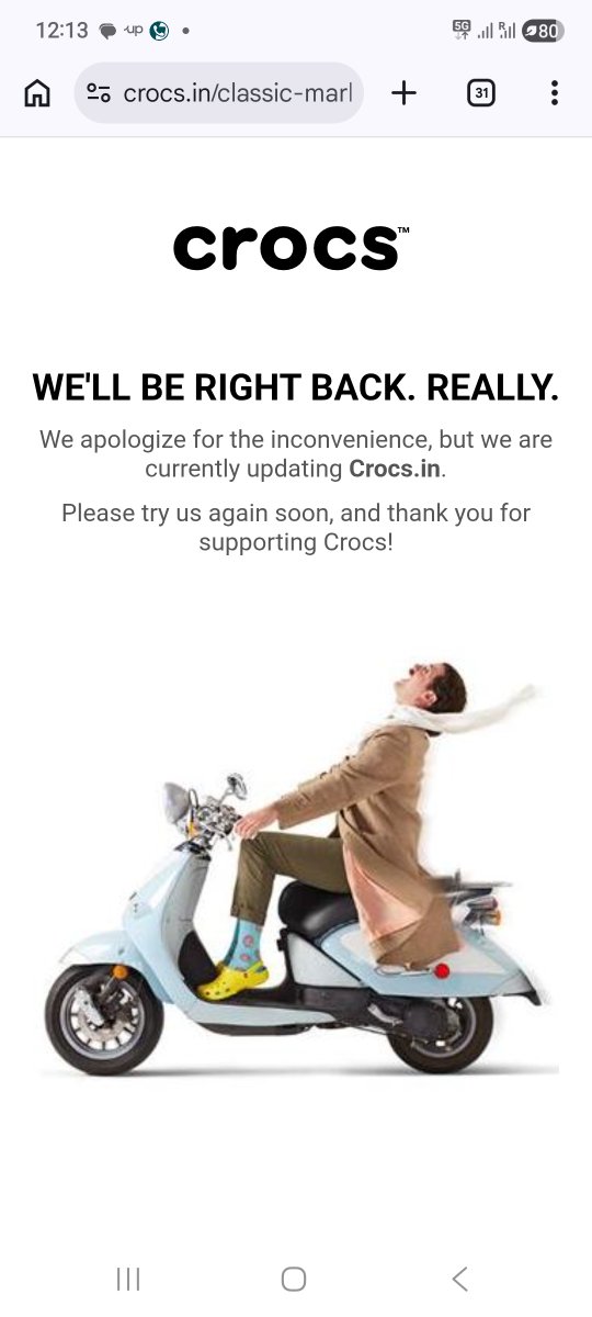 jvgopi's tweet photo. @Crocs why waste money on digital ads when your site is down for maintenance. It's been a week like this. https://t.co/JDn1xQGOGI