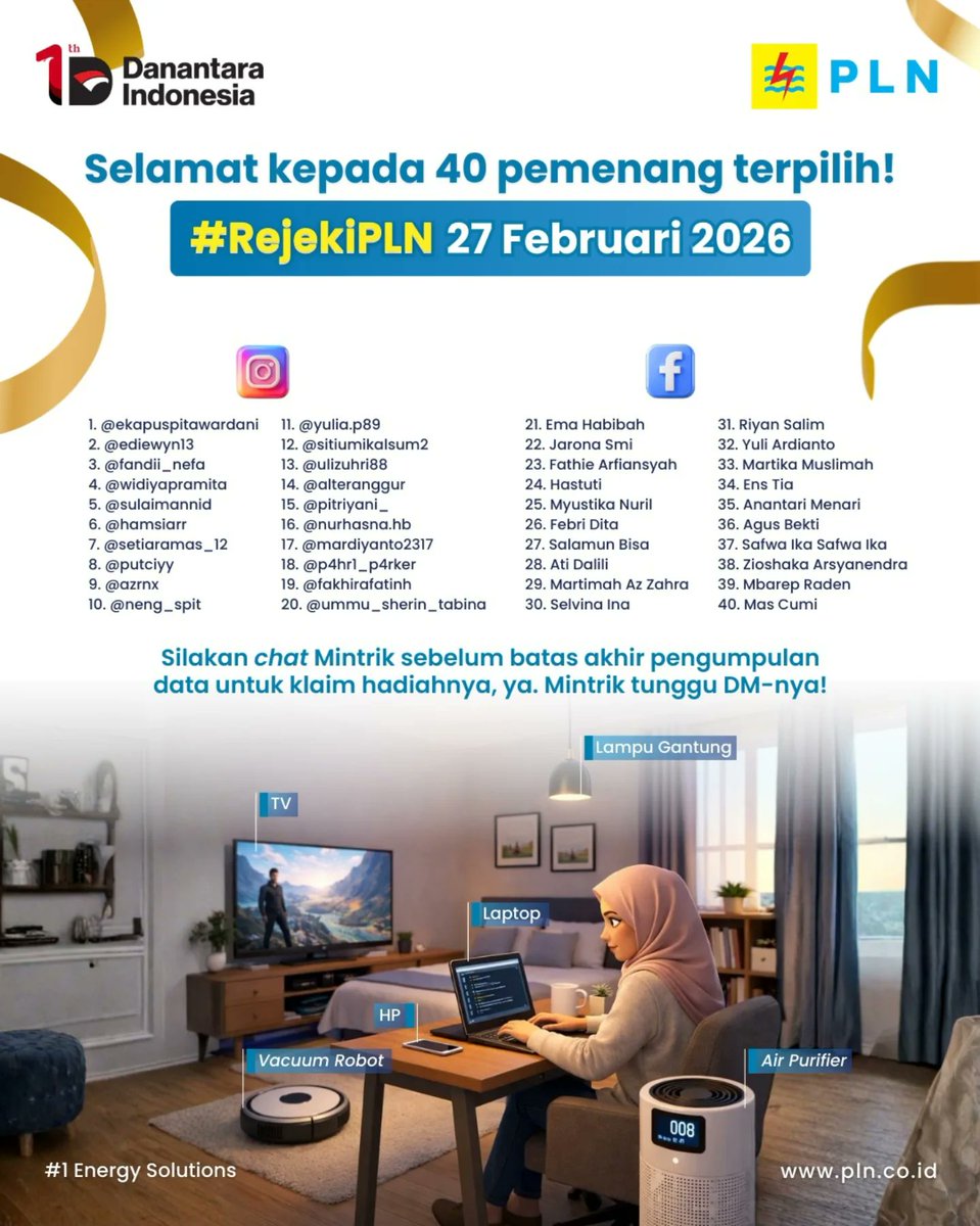 Electrizen, yuk ikutan keseruannya! Sebelum ikutan cek dulu syarat dan ketentuannya, ya:

1.⁠ ⁠Follow akun (Instagram @pln_id, Facebook PLN, X <a href="/_pln_id/">PT PLN (Persero)</a>)
2.⁠ ⁠Sertakan hashtag #RejekiPLN dan tag 3 teman kamu biar bisa ikutan juga!
3.⁠ ⁠Wajib download dan registrasi akun PLN