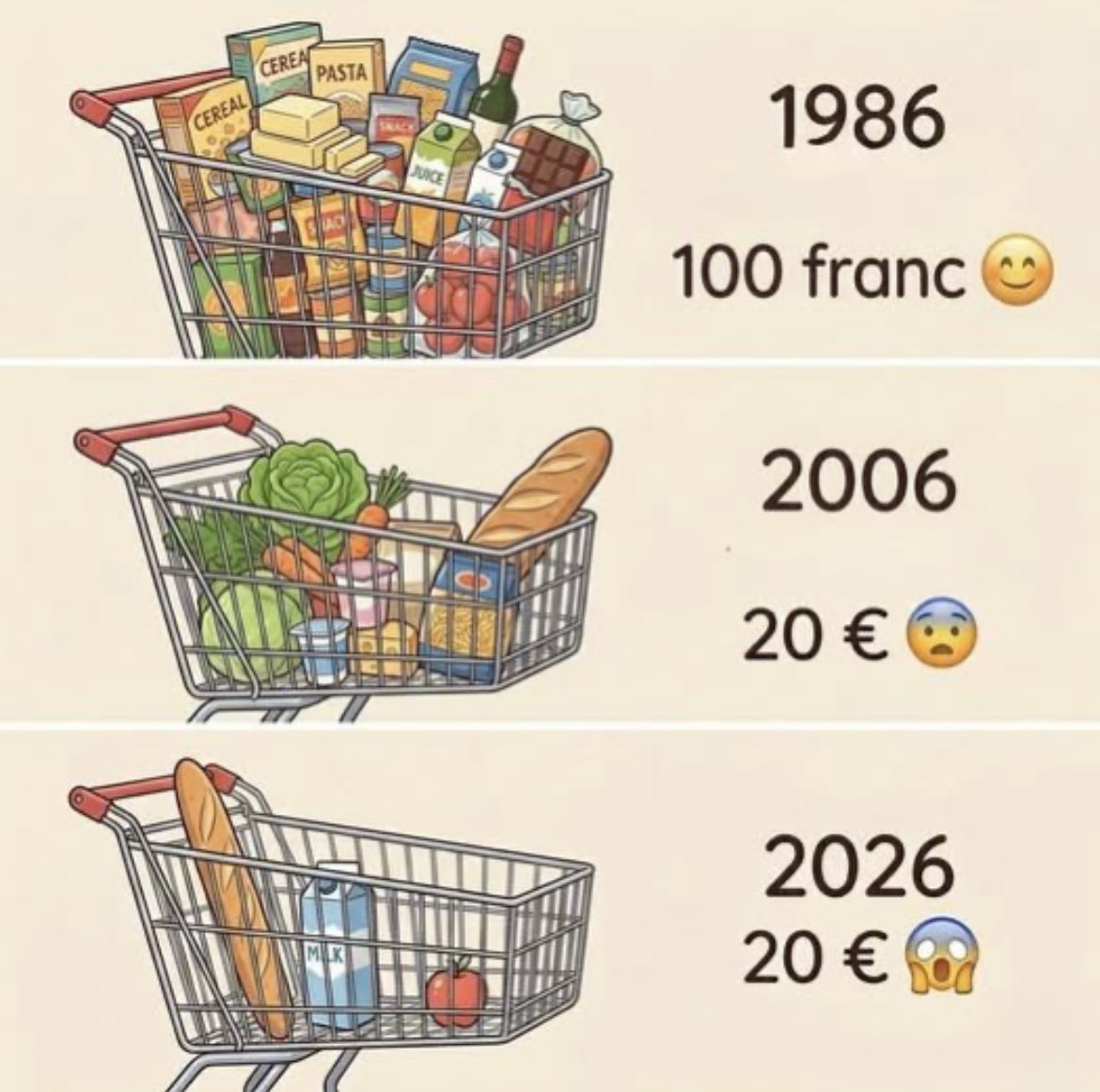 Le panier de la ménagère, trente ans en une photo. Ceux qui font leurs courses le savent bien… le vrai choc, c’est quand on arrive à la caisse. 🛒🥴🤪