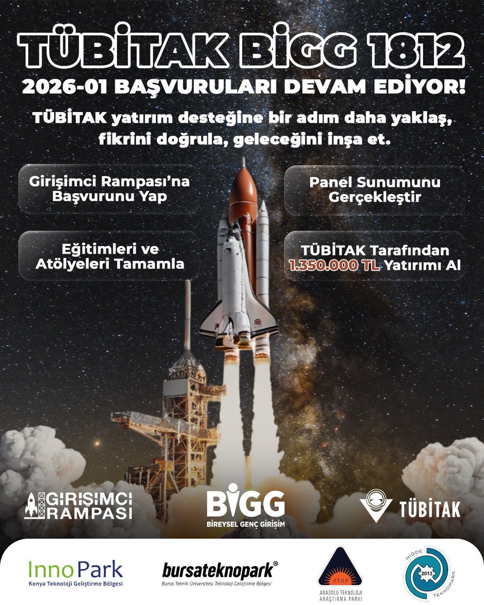 NigdeTeknopark's tweet photo. Girişimci Rampası Devam Ediyor!

InnoPark Konya Teknoloji Geliştirme Bölgesi, Bursateknopark, Eskişehir Teknoloji Geliştirme Bölgesi ATAP A.Ş. ve Niğde Teknopark iş birliğiyle yürütülen konsorsiyum kapsamında,
TÜBİTAK 1812 – Yatırım Tabanlı Girişimcilik Destek Programı için başvurular devam ediyor!

🔥 Destek artırıldı!
900.000 TL olan yatırım desteği 1.350.000 TL’ye yükseltildi!

Girişimci Rampası ile:
🔹 Başvurunu yap
🔹 Eğitim ve atölyelere katıl
🔹 Panel sunumunu gerçekleştir
🔹 1.350.000 TL yatırım fırsatı yakala

📌 Son başvuru tarihi: 15.03.2026

📌 Detaylı bilgi ve başvuru:
👉 https://t.co/k0kHOUfLHp