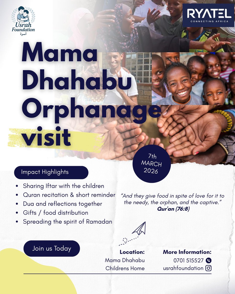 RYATELKE's tweet photo. Tomorrow, we connect with the heart of our community 🌍💙

Ryatel is honored to join the Usrah foundation for a special visit to Mama Dhahabu Orphanage on March 7th. We look forward to sharing Iftar and the spirit of Ramadan with the children.🌙

#Ryatel #Usrahfoundation https://t.co/JRKBC6nLm0