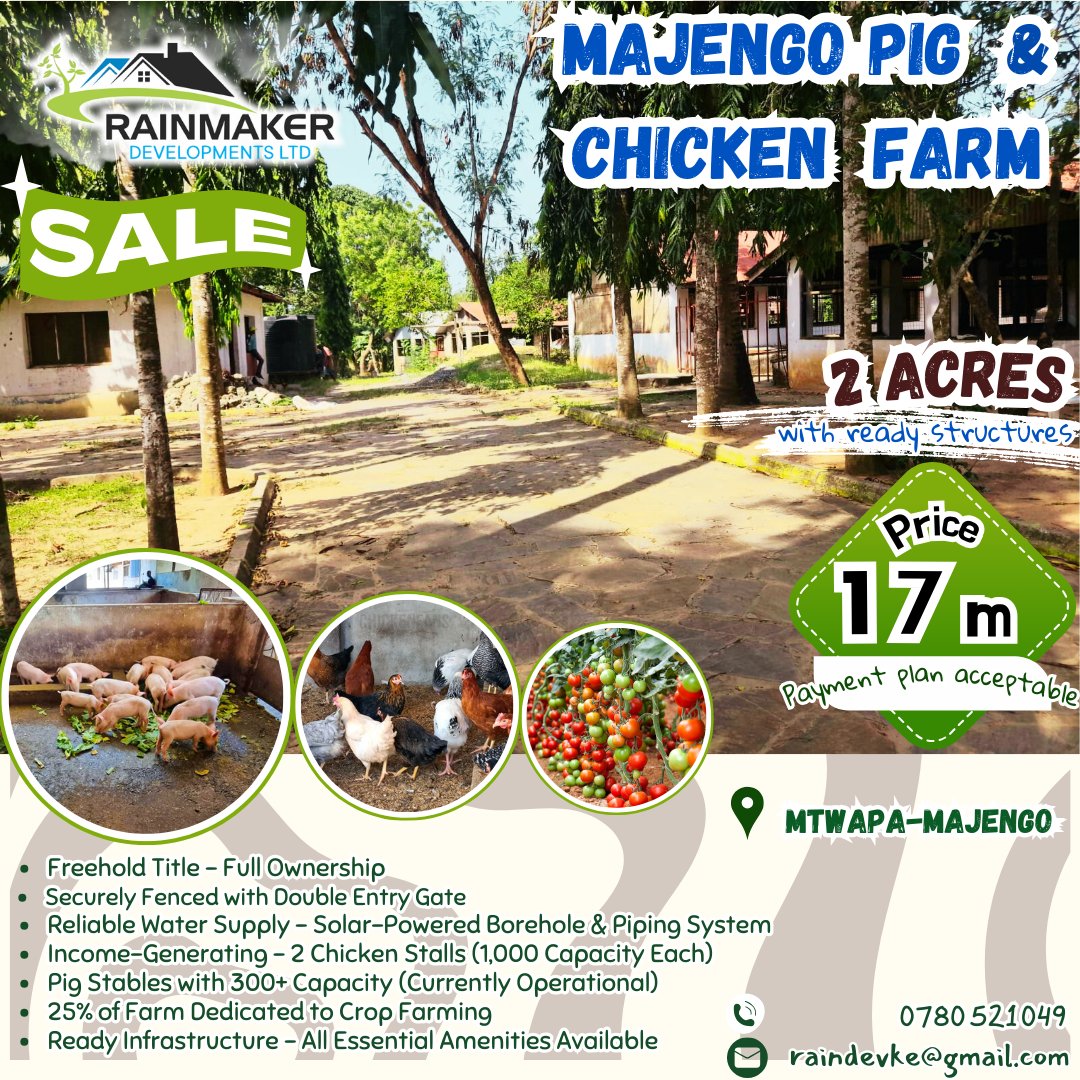 KeRainmaker's tweet photo. Ready Market-Ready Income 🔥
2 Acres Pig Farm for Sale 
💰 KES 17M
📍MTWAPA-MAJENGO
Freehold Title
Productive Farmland 
Agribusiness Opportunity: Sale, JV, or Lease

📞0780521049 https://t.co/jeMmdyYQJq