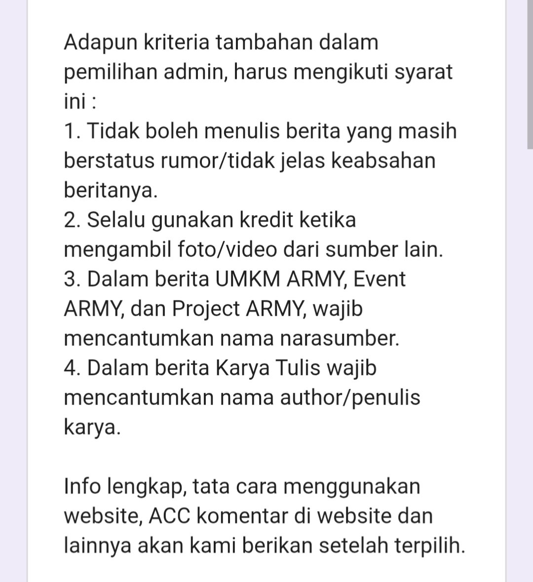 Halo ARMY 👋

Kita lagi hiring admin untuk website berita seputar BTS &amp; ARMY Indonesia (<a href="/mediaungu/">Media Ungu</a>)

Kita sedang butuh +-10 admin.

Jika kamu tertarik, bisa daftar melalui link berikut :
forms.gle/dRzYLTBHFFHBQB…