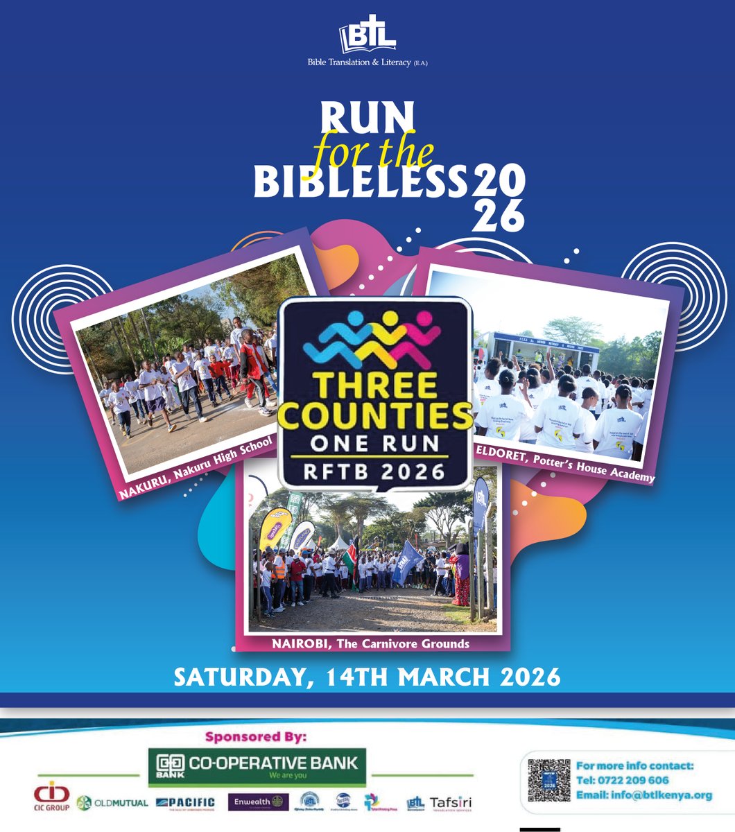 BTL_EA's tweet photo. Run for the Bibleless 2026:
Join us in Nairobi, Nakuru, and Eldoret on Saturday, 14th March 2026 from 7:30 AM. Let's come together to run, walk, and impact a life.
Get your run t-shirt for KSh 2,000 for adults, which includes a medal, and KSh 1,200 for children. https://t.co/elPOnnYzCA