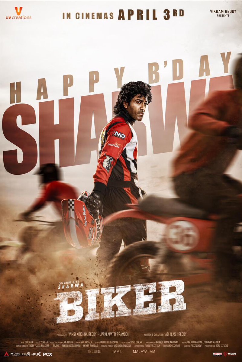 x_postings's tweet photo. Wishing a very Happy Birthday to ⁦@ImSharwanand⁩ ❤️

the high-octane ride of a lifetime with #Biker

Releasing in Dolby Cinema, 4DX, and EPIQ on April 3'2026. https://t.co/bwPLLwJBQV