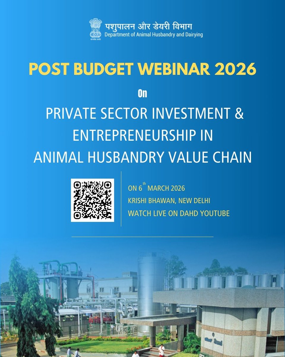 Post Budget Webinar 2026
Join the post-budget webinar on  Agriculture &amp; Rural Transformation. 
6 March 2026
Krishi Bhawan, New Delhi
#upldb #Budget2026 #BudgetSpeech2026 #budgetquest2026 #Dairy #MILK #Buffalo
Watch the session live on the DAHD YouTube: youtube.com/live/l2qNiI4PJ…