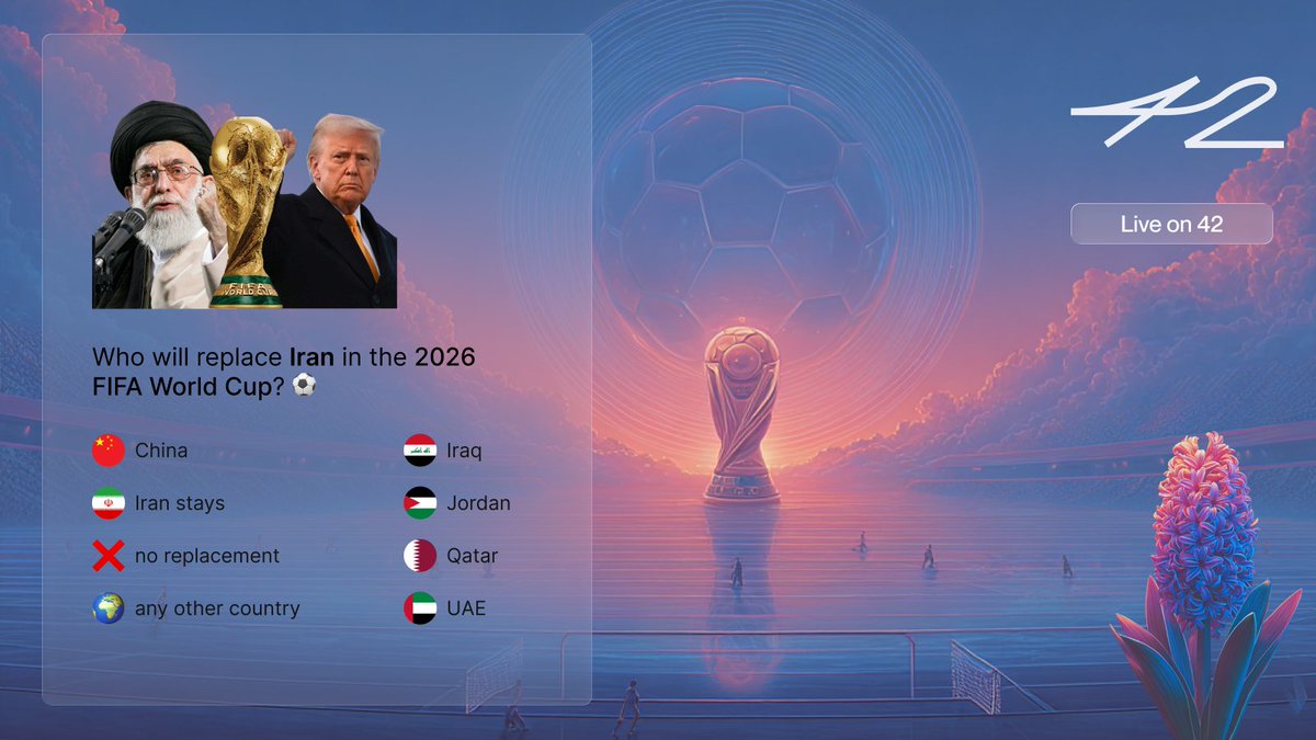 42space's tweet photo. War. Politics. The World Cup

the US and Iran at war just months before @FIFAWorldCup.

if Iran's out.… who gets the slot?

put your take on-chain.
https://t.co/5RPzSKaQ8t

✧ every outcome trades as a token.
✧ buy early. exit anytime.
✧ winners take the entire pool.