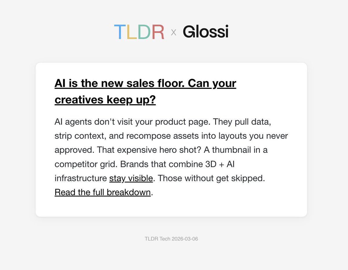 We hit a moment worth sharing. 

We've been building something we believe in, and now 2M <a href="/tldrnewsletter/">TLDR Newsletter</a> readers know it exists. 

The piece behind it: "When AI Becomes the Sales Floor." 

AI agents are becoming the way people discover and buy products. If your images aren't