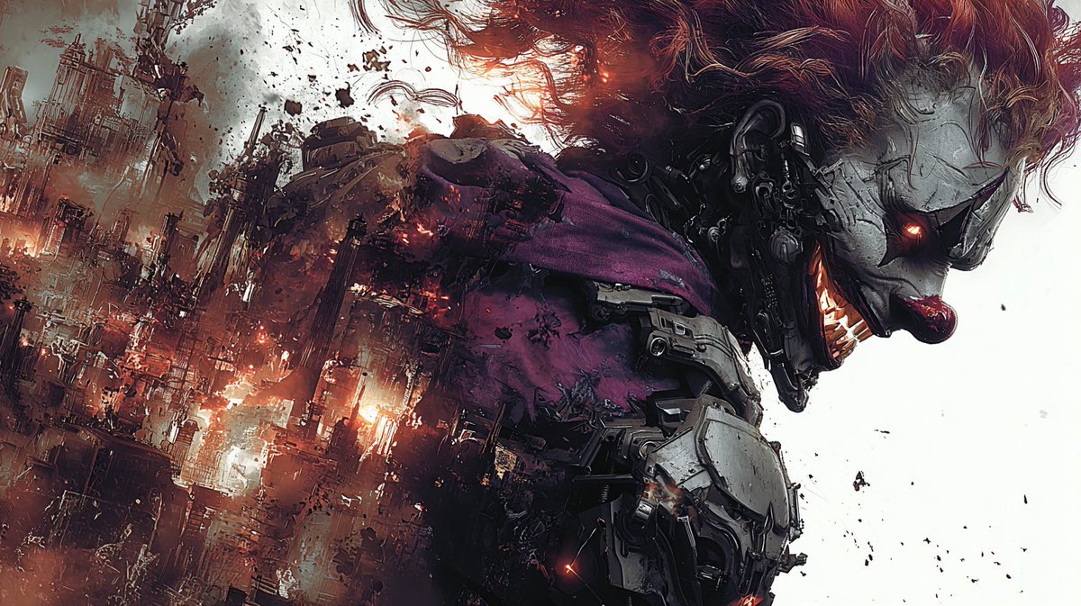 kugerukokok's tweet image. day 6 from #mechapunk series 
epilogue : jester's madness still continues..
#jester #cyberpunk #aiart