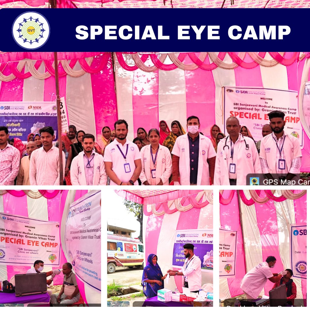 GVT_India's tweet photo. Under #SBISanjeevani in villages of Uttar Pradesh, GVT organizes specialized eye check-up camps, providing free eye screenings, expert medical consultations, and essential medicines to patients, ensuring that quality healthcare always reaches those who need it the most. https://t.co/O0XZ95BvAT