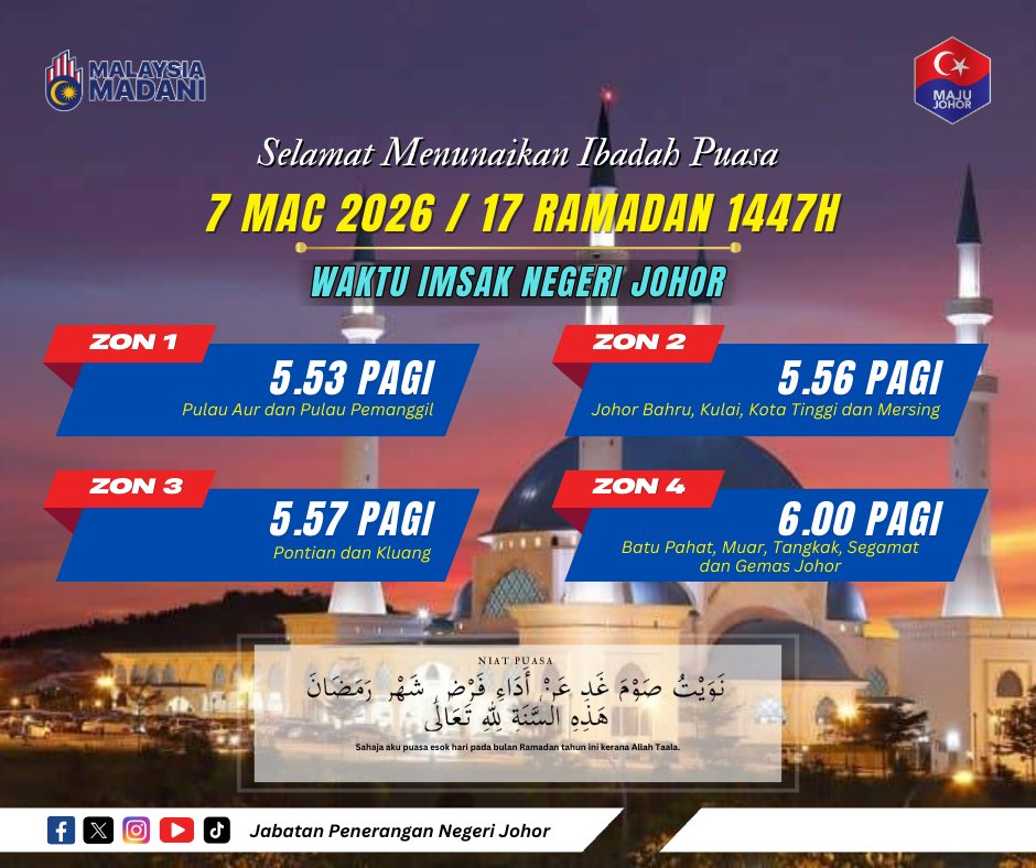 japenjohor's tweet photo. 🌙 𝐒𝐄𝐋𝐀𝐌𝐀𝐓 𝐌𝐄𝐍𝐔𝐍𝐀𝐈𝐊𝐀𝐍 𝐈𝐁𝐀𝐃𝐀𝐇 𝐏𝐔𝐀𝐒𝐀 | 𝐑𝐀𝐌𝐀𝐃𝐀𝐍 𝟏𝟒𝟒𝟕𝐇

🕖 𝐖𝐚𝐤𝐭𝐮 𝐁𝐞𝐫𝐛𝐮𝐤𝐚 𝐏𝐮𝐚𝐬𝐚
(16 Ramadan 1447H | 6 Mac 2026)

⏰ 𝐖𝐚𝐤𝐭𝐮 𝐈𝐦𝐬𝐚𝐤
(17 Ramadan 1447H | 7 Mac 2026)
#SalamRamadan #MajuJohor #MalaysiaMADANI https://t.co/LrZIrADBr0