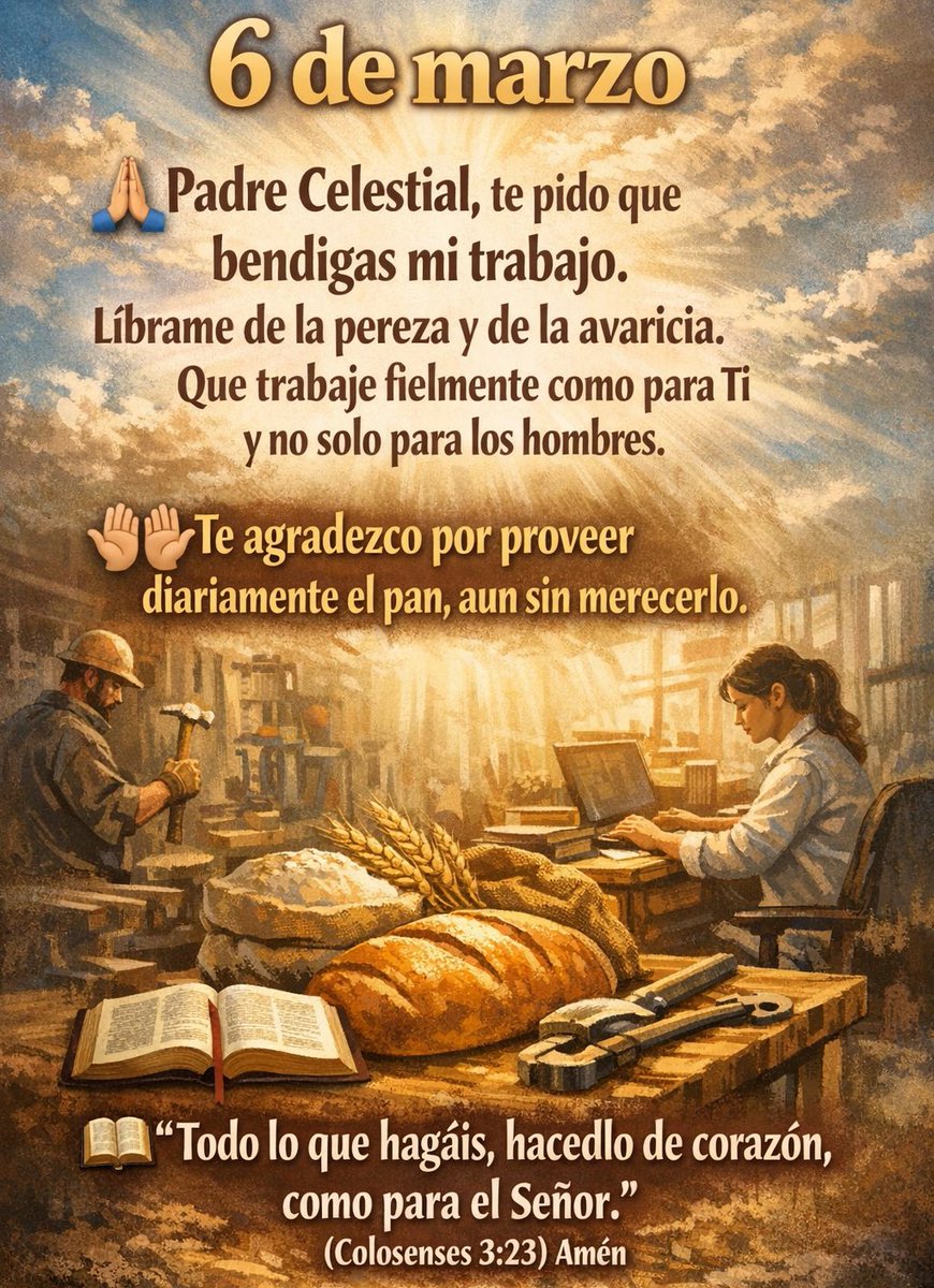 MISION_MAULE's tweet photo. Padre Celestial, te pido que bendigas mi trabajo. Líbrame de la pereza y de la avaricia. Que trabaje fielmente como para Ti y no solo para los hombres. Te agradezco por proveer diariamente el pan, aun sin merecerlo. #Talca  #oraciondeldia #maule #orar #Jesús #trabajo #Parati https://t.co/LUJqwZrC4e