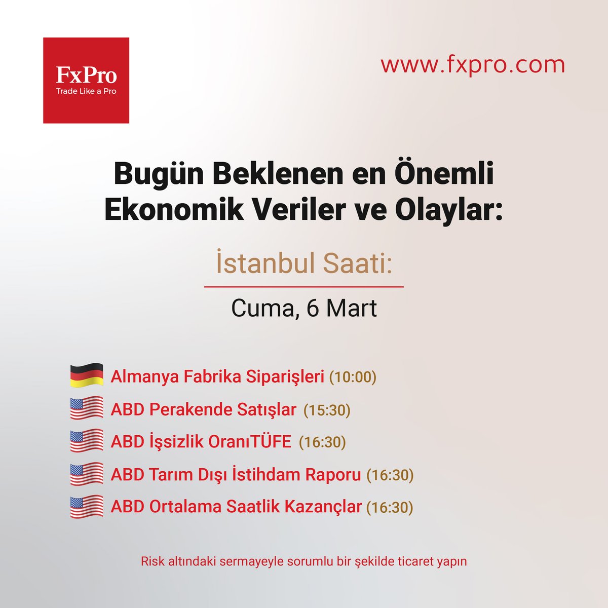 Günün beklenen en önemli ekonomik olayları ve verileri
İstanbul Saati

Cuma, 6 Mart
🇩🇪 Almanya Fabrika Siparişleri (10:00)
🇺🇸 ABD Perakende Satışlar (15:30)
🇺🇸 ABD İşsizlik Oranı (16:30)
🇺🇸 ABD Tarım Dışı İstihdam Raporu (16:30)
🇺🇸 ABD Ortalama Saatlik Kazançlar (16:30)

#fxpro