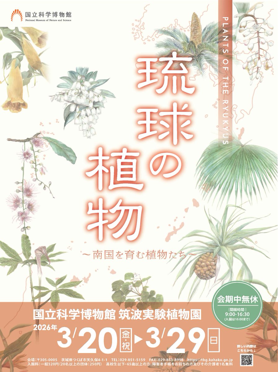══════════
✨🌿開催予告🌿✨
══════════

企画展
「琉球の植物‐南国を育む植物たち‐」

　◆会期：3月20日(金・祝)～3月29日(日)
　◆場所：#筑波実験植物園

みなさまのご来園を心よりお待ちしております♪

🔽詳細
tbg.kahaku.go.jp/tenji-event/ni…