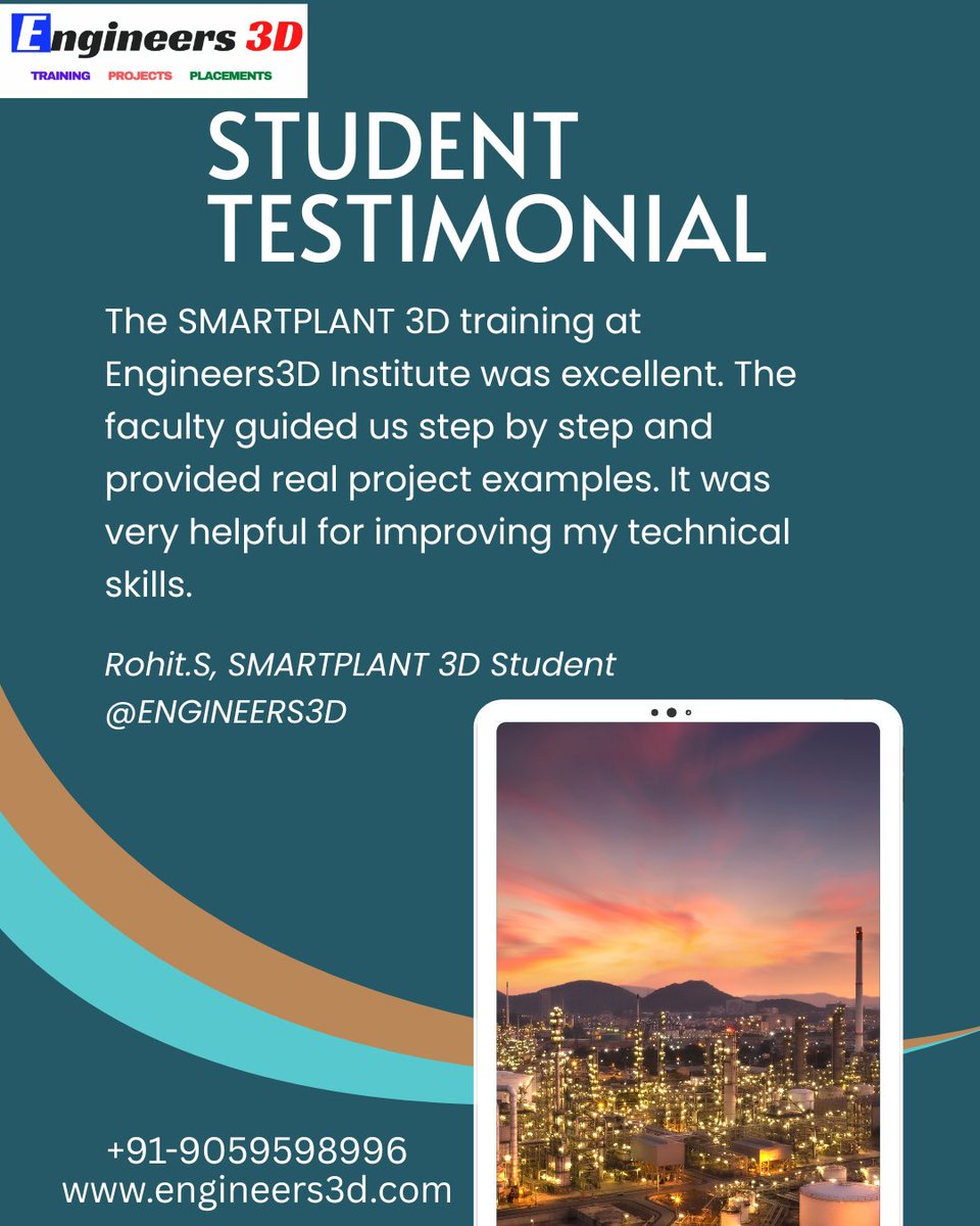 Engineers3d's tweet image. A student shares their amazing experience after completing the SMARTPLANT 3D Piping Engineering training at Engineers3D Institute. Practical sessions, expert guidance, and industry-ready knowledge made the journey truly valuable and career-focused.
#Engineers3D #PipingEngineering