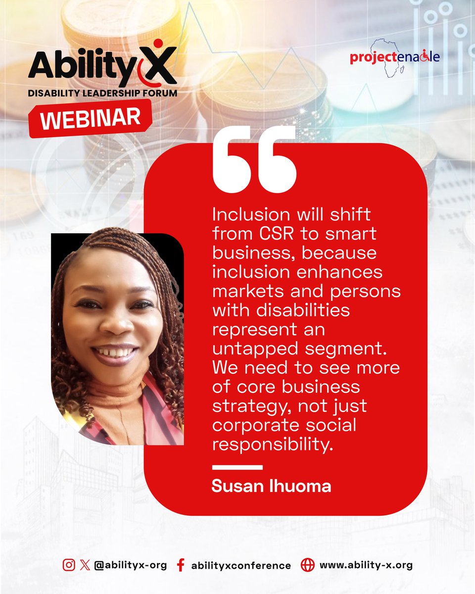abilityx_org's tweet photo. “Inclusion will shift from CSR to smart business, because inclusion enhances markets and persons with disabilities represent an untapped segment. We need to see more of core business strategy, not just corporate social responsibility.” 

- Susan Ihuoma

#abilityx https://t.co/f3zKtBqnjv