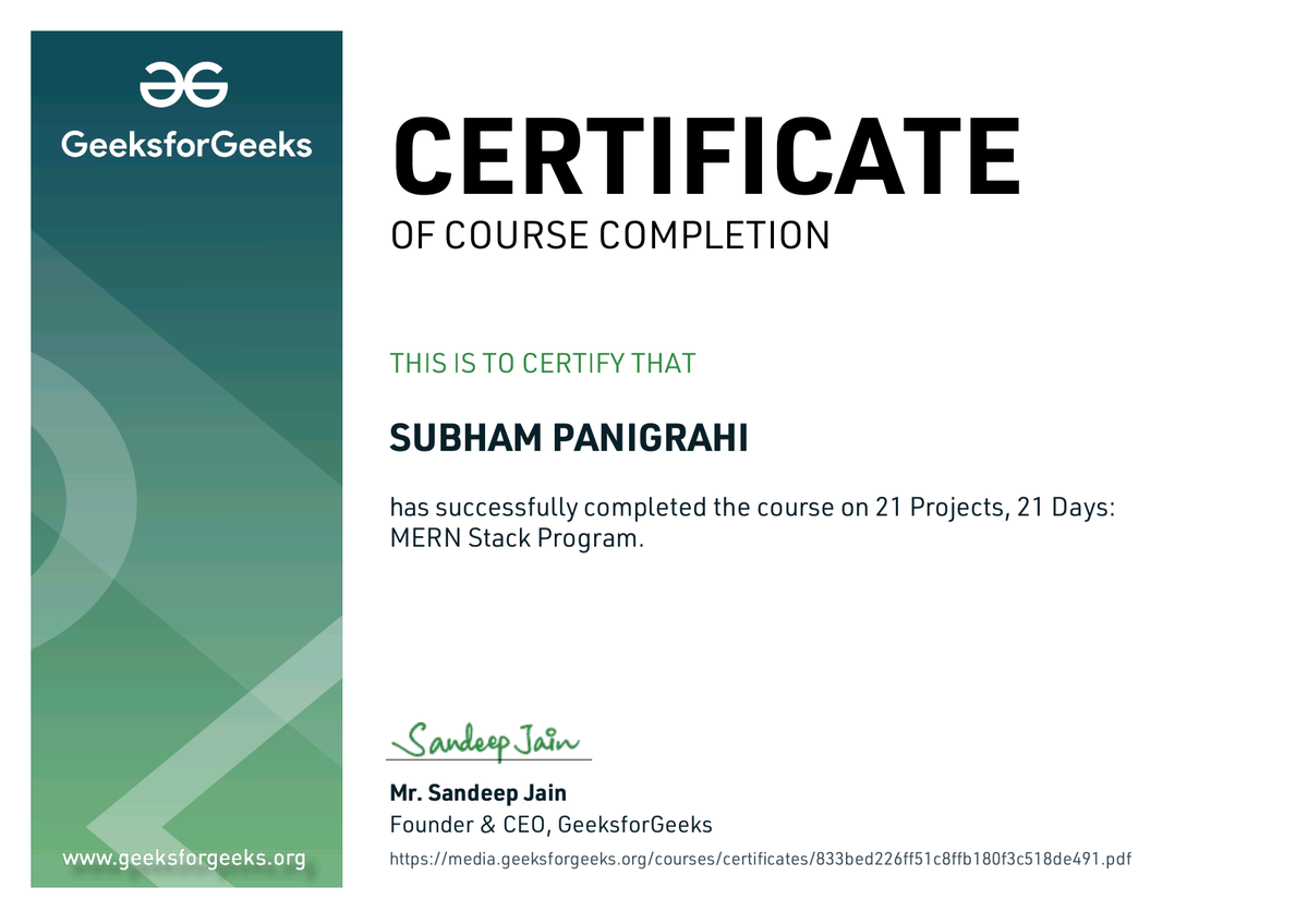 SubhamP49653065's tweet photo. Completed the 21 Projects, 21 Days: MERN Stack Program by @geeksforgeeks

Building projects daily was challenging but a great way to stay consistent and improve practical MERN stack skills.

Thanks Vikas Sir, @geeksforgeeks

#MERN #WebDevelopment #LearningInPublic https://t.co/knFRDDTI8e