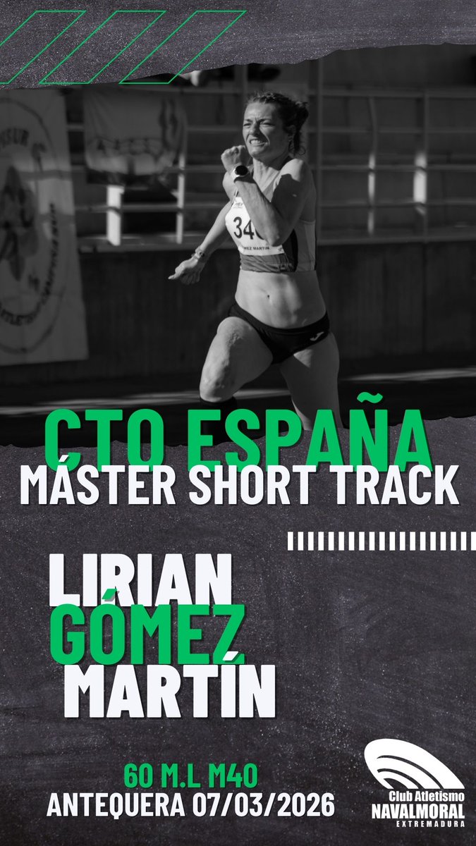 AtCampoAranuelo's tweet photo. Nuestra velocista Lirian Gómez del #romeroteam dirigido por @RaulRS88 disputará en Antequera su primer Cto.EspañaMáster ST @masteratletismo en los 60m.l. M40 recogiendo los frutos del trabajo realizado cada tarde en @CTD_cdcaceres Enhorabuena!! @DiputacionCC @jovendeportEXT @FJyD https://t.co/Rqb4BSFUUy
