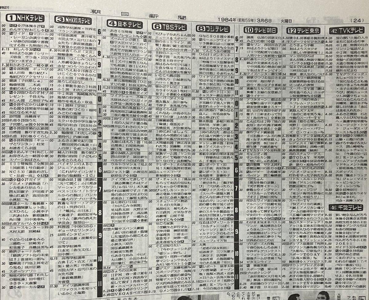 RT @msdatabase: 42年前(1984年=昭和59年)3月6日(火)のテレビ番組表