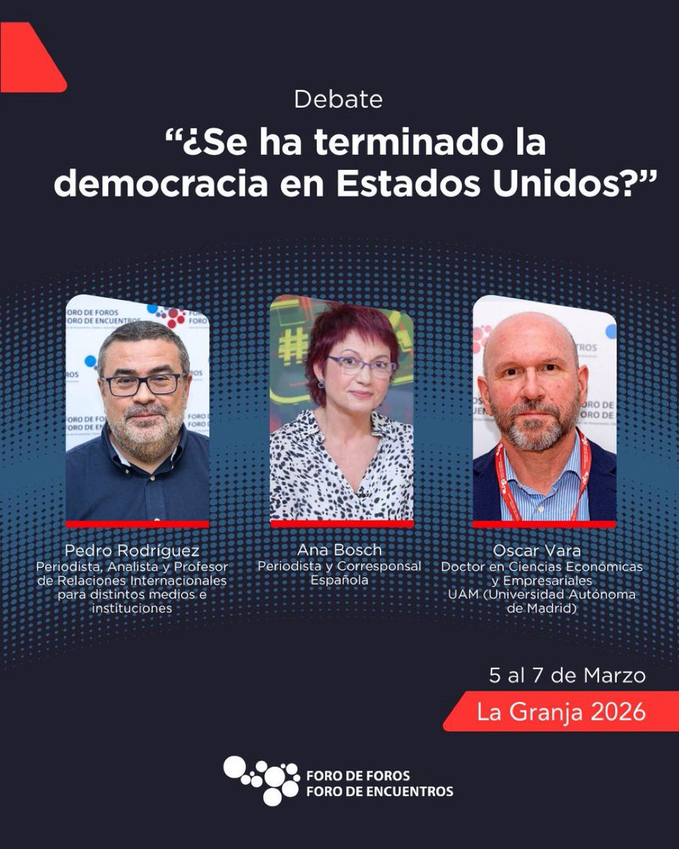 PedroRodriguezW's tweet photo. En el XII Encuentro Intergeneracional – La Granja 2026 – @forodeforos –, nos vemos con @annabosch y Óscar Vara para debatir sobre la crisis de la democracia en Estados Unidos.
#LaGranja2026 #ForodeForos https://t.co/aEyBvdl2IP