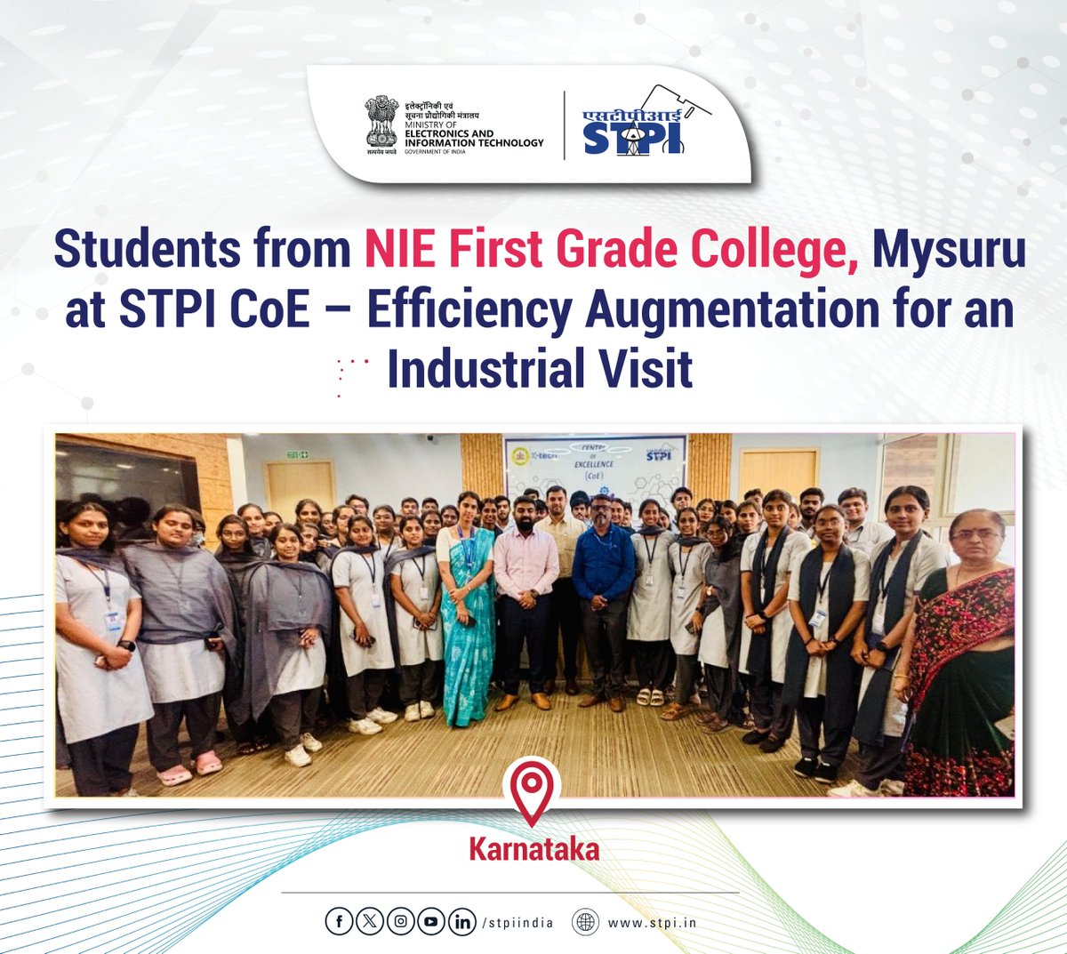 stpiindia's tweet image. STPI Efficiency Augmentation CoE organized an industrial visit for students of NIE First Grade College, Mysuru, wherein they were briefed about emerging technologies, the startup ecosystem, and insights into STPI’s initiatives and services.

#STPI #STPICoE #StartupEcosystem