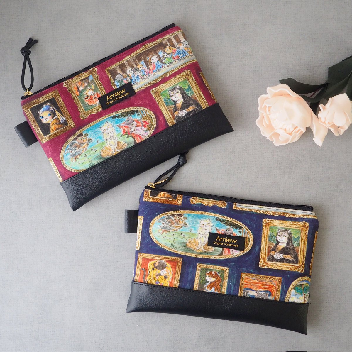 合皮切り替えの18cmフラットファスナーポーチ 猫好きさん💕絵画好き