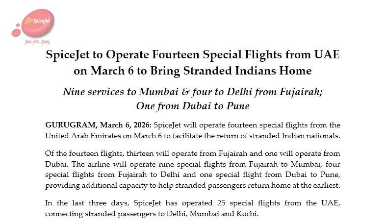 CNBCTV18Live's tweet image. #JustIn | #SpiceJet to operate 14 special flights from #UAE on March 6

9 flights from Fujairah to Mumbai &amp;amp; 4 to Delhi, 1 from Dubai to Pune

In last 3 days Co has operated 25 special flights from UAE, connecting stranded passengers to Delhi, Mumbai &amp;amp; Kochi