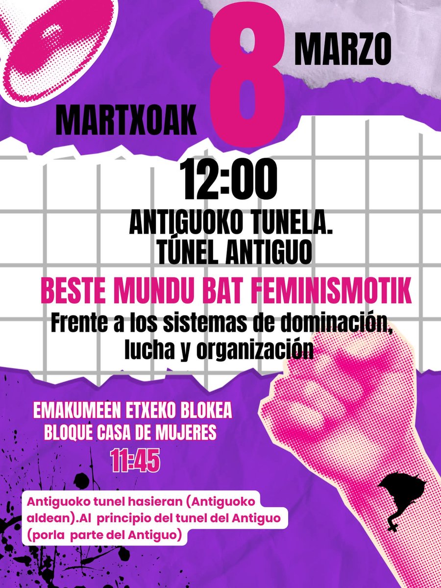 plazandreok's tweet photo. Kaixo!!! Martxoaren 8an, igande honetan, M8ko mobilizazioa egingo da eta urtero bezala Emakumeen Etxeak blokean joan nahi du.

🗓 Martxoak 8, igandea

🕡 11:45 (Emakumeen Etxeko Blokea)
🕡 12:00 (Manifestazioaren hasiera)

📍 Antiguoko tunela (Antiguoko aldean)
Etor zaitez! ✊💜 https://t.co/eNFtEcqsxE