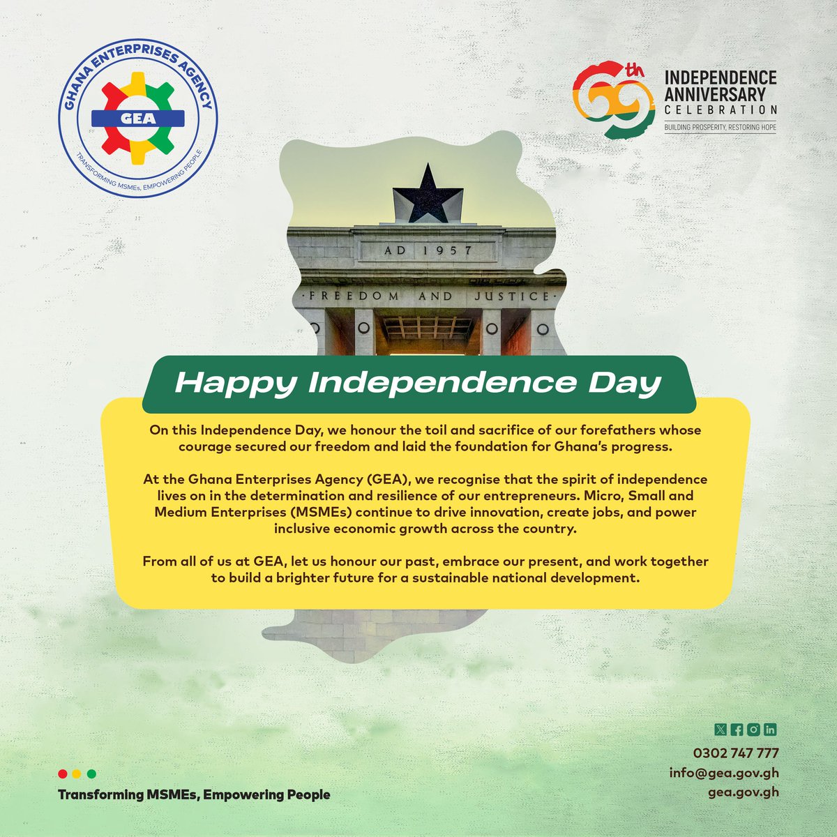 gea_ghana's tweet photo. This Independence Day, we honour the courage of our forefathers. At GEA, we celebrate MSMEs whose resilience drives jobs, innovation and Ghana’s growth.
#GhanaIndependenceDay #GEA #Magoo https://t.co/3f4DkP5Q7o