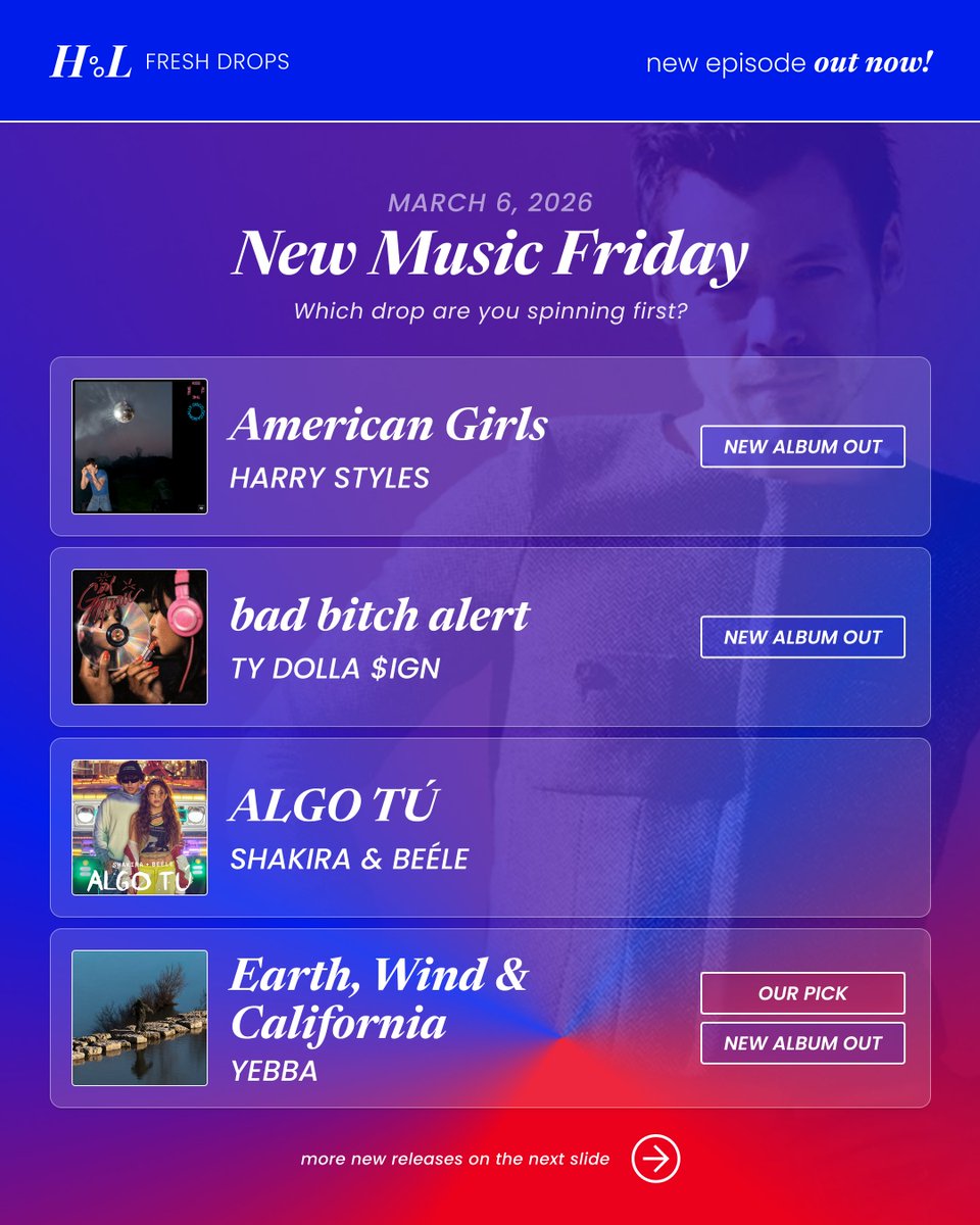 hitsofourlives's tweet photo. New Music Friday is here! 🔥
Harry Styles returns with his new album Kiss All the Time. Disco, Occasionally — the biggest drop of the week. Plus fresh releases from Ty Dolla $ign, Shakira &amp; Beéle, Yebba and more.
What are you spinning first? 🎧 https://t.co/PFuAgSm3ap