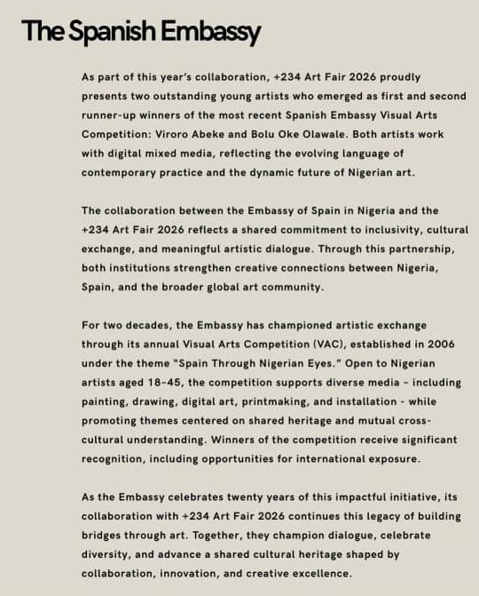 EmbEspAbuja's tweet photo. What an honour to be part of +234ArtFair with @artoforo  and Bolu Oche, 2nd &amp; 3rd prize winners of the 2025 edition of the Visual Arts Competition. A great visibility platform for artists. Thank you Tola &amp; @sotogallery for your partnership.
@AECID_es 
@SNA_National https://t.co/XG2WMkPP96