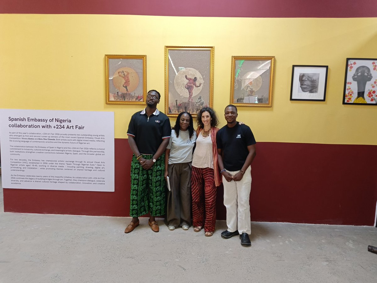 EmbEspAbuja's tweet photo. What an honour to be part of +234ArtFair with @artoforo  and Bolu Oche, 2nd &amp; 3rd prize winners of the 2025 edition of the Visual Arts Competition. A great visibility platform for artists. Thank you Tola &amp; @sotogallery for your partnership.
@AECID_es 
@SNA_National https://t.co/XG2WMkPP96