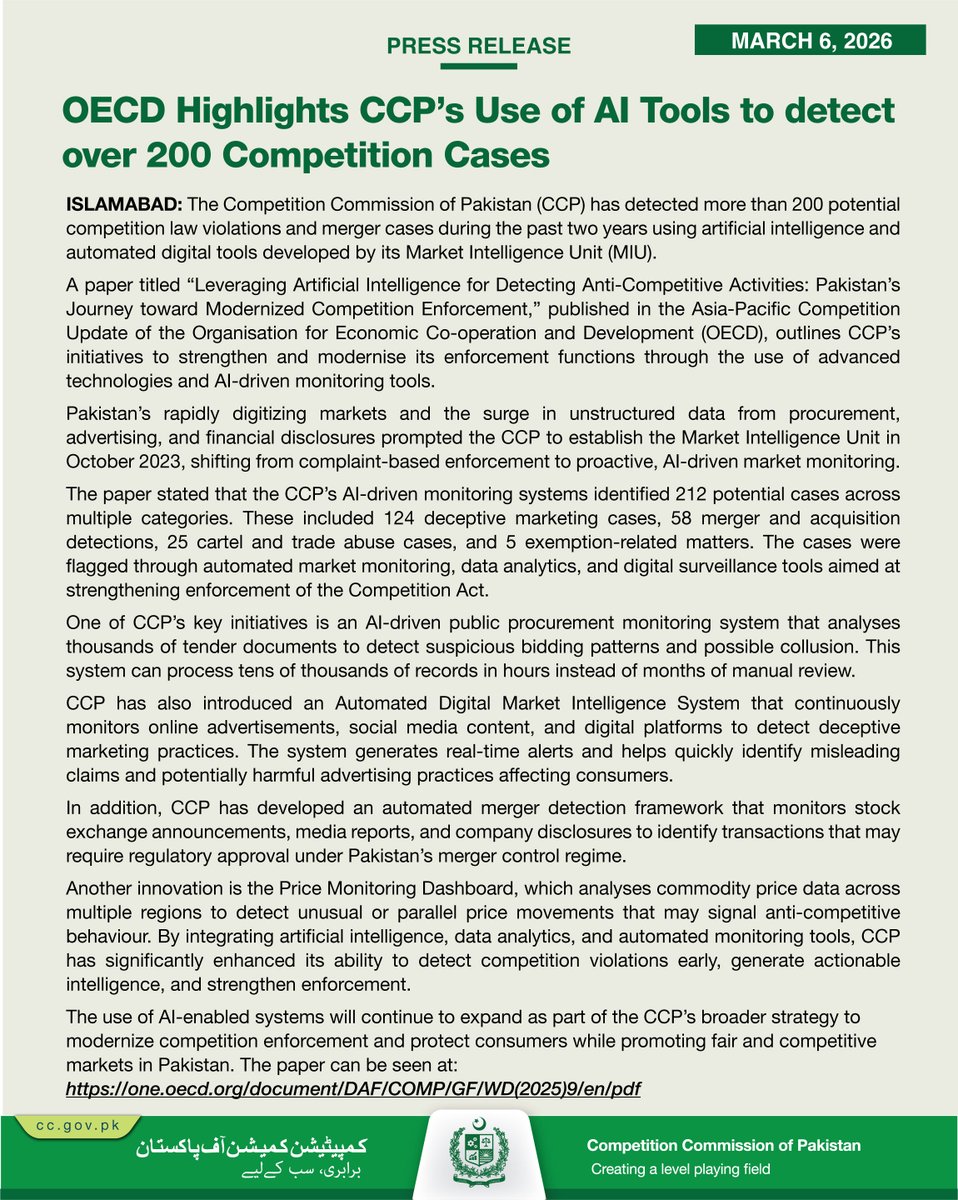 CCP has detected more than 200 potential competition law violations and merger cases during the past two years using Ai and automated digital tools developed by its Market Intelligence Unit.
#OECD #FairCompetition #ArtificialIntelligence #DigitalTransformation #ConsumerProtection