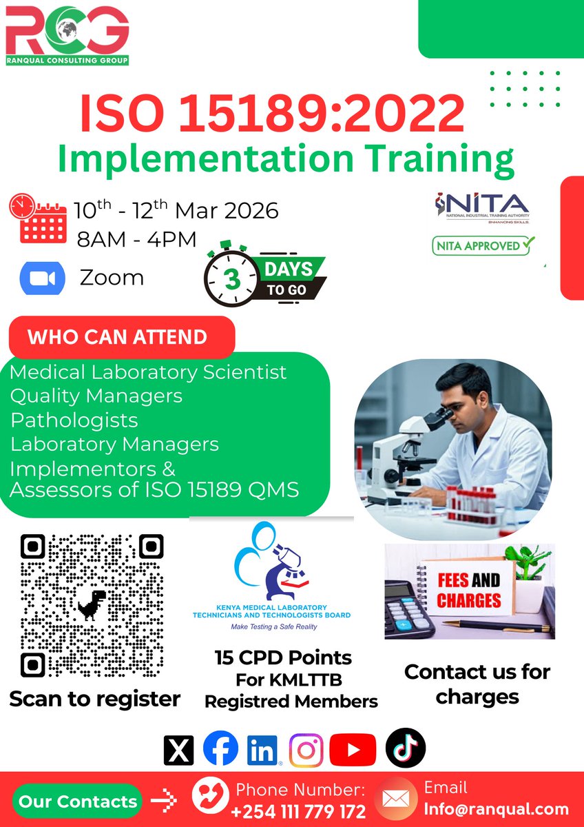 RanqualCG's tweet photo. 📌 ISO 15189:2022 Implementation Training
3 days to go. If accreditation has been “something you’ll get to,” this is your moment.📅 10–12 March 2026 | 💻 Zoom
Register now: https://t.co/glbZg6u27x #LabAccreditation #KMLTTB https://t.co/pCXK5dUMFe