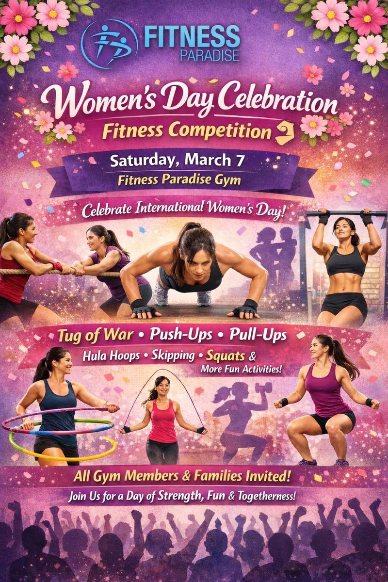 mahagym's tweet photo. Women's Day Celebration – Fitness Competition 💪
Join us in celebrating International Women's Day with fun, strength, and0 energy at Fitness Paradise Gym!
 Date: Saturday, March 7
📍 Venue: Fitness Paradise Gym
We are excited to host a special Women's Day Competition filled with https://t.co/SKBLfoGEZM