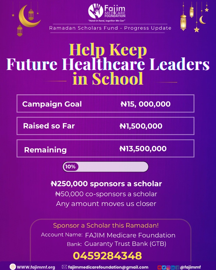 FajimMF's tweet photo. ₦1,500,000 raised so far. Thank you to everyone who has supported.

Help us keep future doctors, nurses, and pharmacists in school through the FAJIM Scholars Ramadan Fund.

Support a scholar this Ramadan.

#SponsorAScholar #FAJIMRamadanScholarsFund #fajimmf https://t.co/htv2ydfswu