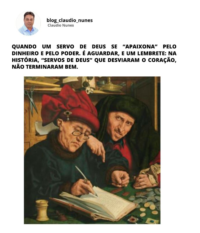 💻Quando um servo de Deus se “apaixona” pelo dinheiro e pelo poder
🤔É aguardar, e um lembrete: na história, “Servos de Deus” que desviaram o coração, não terminaram bem. O mundo gira e passa, a Cruz de Cristo permanece.
Em: infonet.com.br/blogs/claudio-…
