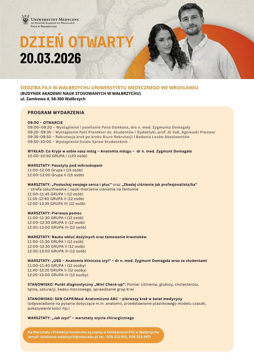 Myślisz o studiach medycznych? Zobacz jak wygląda to od środka!

Już 20 marca o godz. 9:00 odbędzie się Dzień Otwarty Filii Uniwersytetu Medycznego we Wrocławiu w Wałbrzychu przy ul. Zamkowej 4.

To świetna okazja, aby zajrzeć do świata medycyny z bliska.

#Wałbrzych #UMW