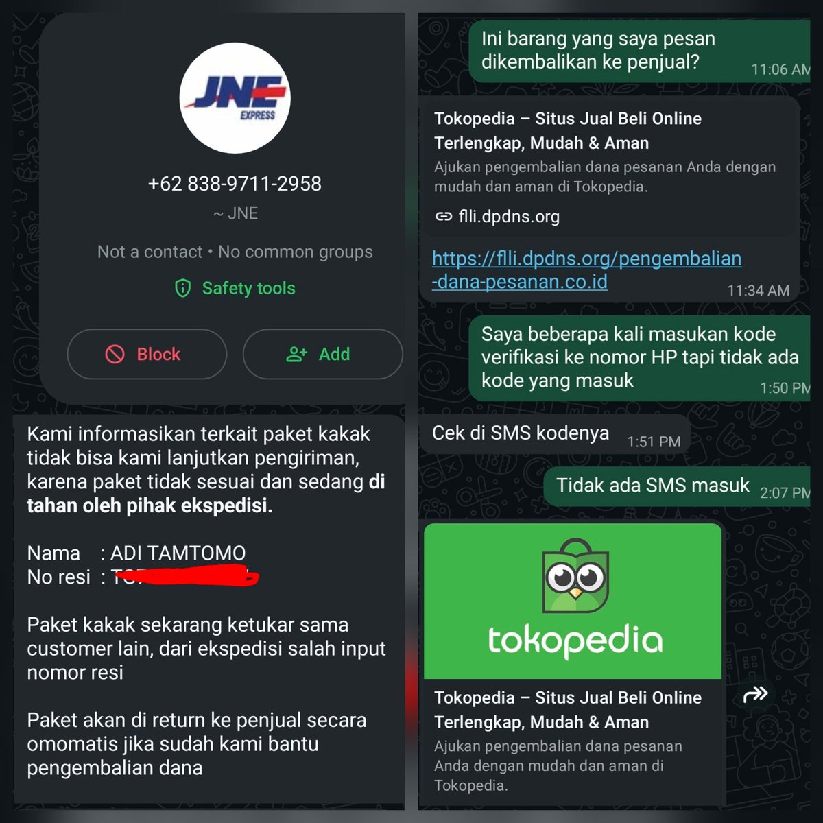 aditamtomo's tweet photo. @JNE_ID kemarin saya dpt WA dari penipu, tapi kenapa dia bisa tau no. resi &amp; barang apa yg saya beli? Apakah ada permainan dari orang dalam? Tolong ditindak-lanjuti. https://t.co/MDzRCNyRsi