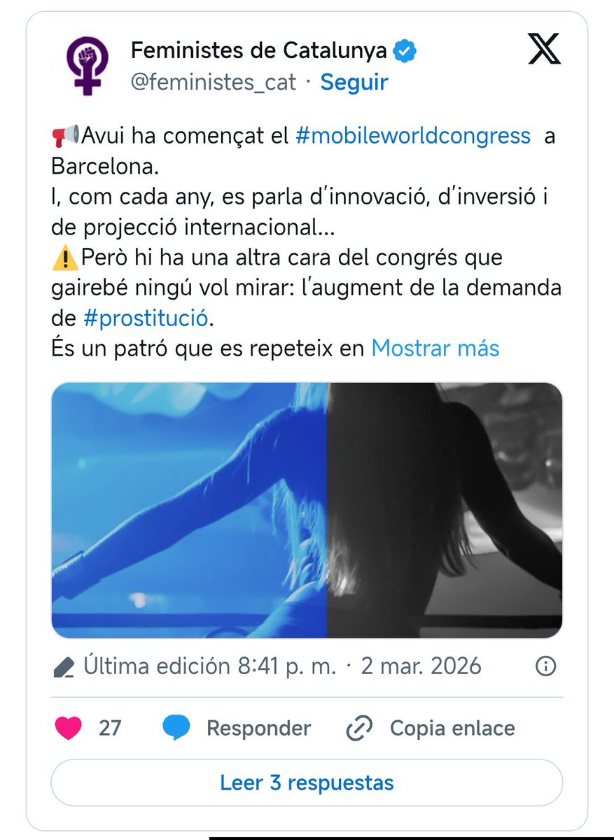 feministes_cat's tweet photo. Durant el #MobileWorldCongress, una campanya per identificar #puters ha tornat a posar el focus en una realitat que molts volen ignorar: ‼️quan arriben grans congressos, augmenta la demanda de #prostitució‼️
❌Barcelona NO pot continuar sent mercat de dones per als congressistes.
Aquest #8M sortim al carrer.
📍 A les 12h a Plaça Catalunya
https://t.co/U1igRyGoPz