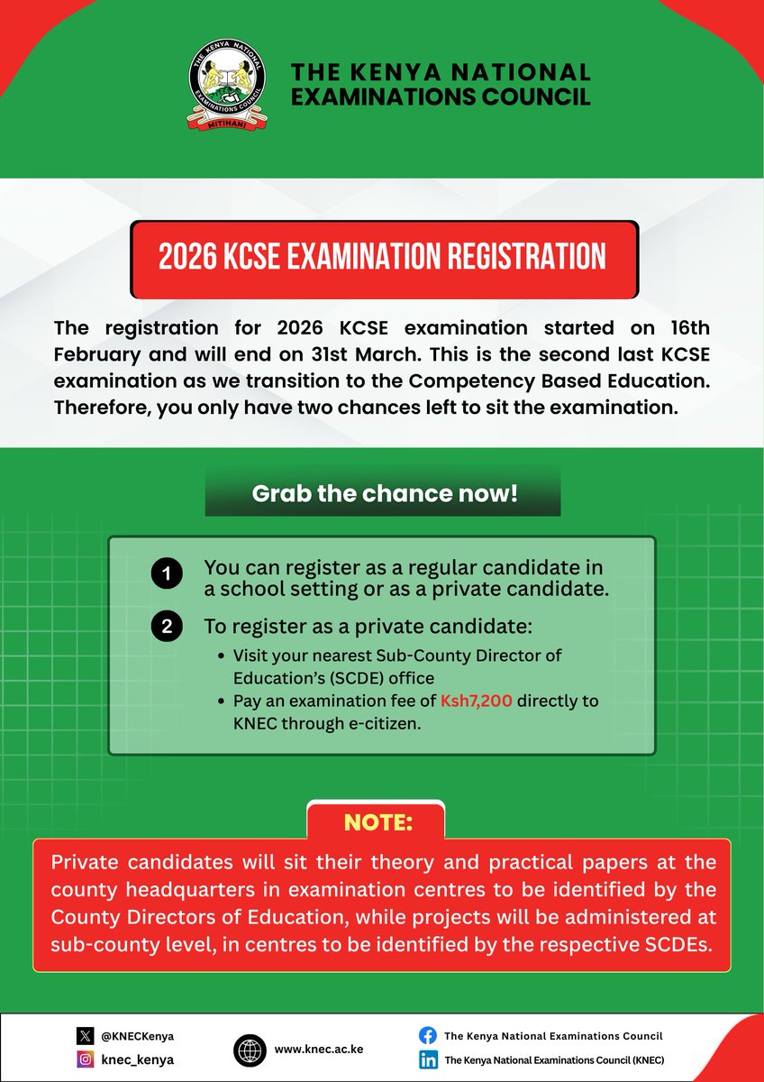 KNECKenya's tweet photo. The clock is ticking on the registration of candidates for the 2026 KCSE examination. Please note that there will be no late registration.
#2026KCSE #integrity https://t.co/RQ7hLPZKF0