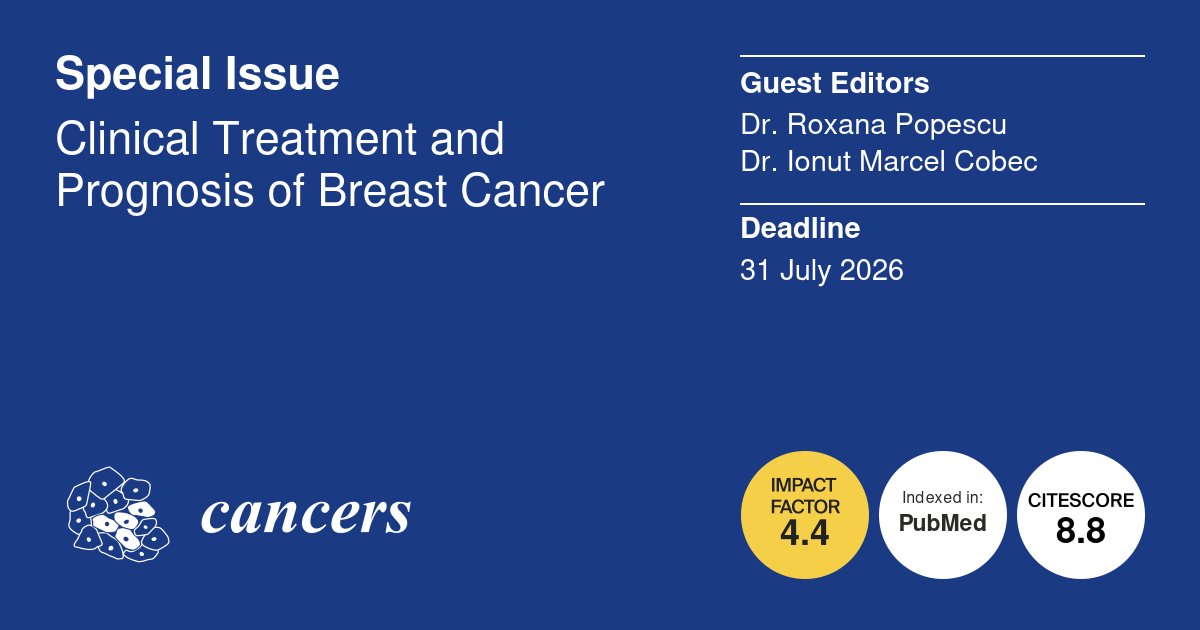 Cancers_MDPI's tweet image. 🎗️New Special Issue: "Clinical Treatment and Prognosis of Breast Cancer" in Cancers.
Edited by Dr. Roxana Popescu &amp;amp; Dr. Ionut Marcel Cobec from @UMFVBTimisoara
📅Submit by July 31, 2026
🔗 mdpi.com/journal/cancer…

#BreastCancer #Oncology #ClinicalResearch #CancerPrognosis