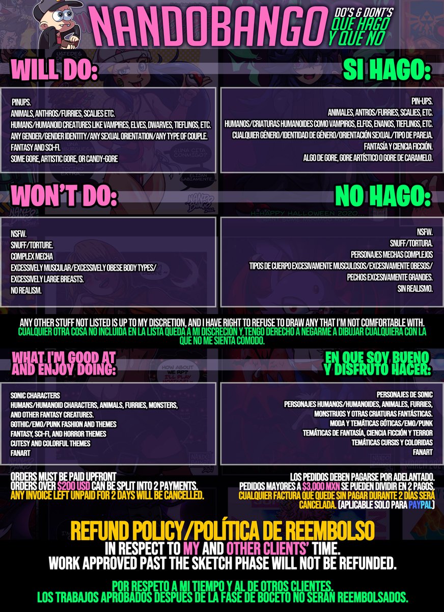 Nandoroid's tweet photo. ⭐️Finally updated my commission prices, they are both in English and Spanish. I even added the Do's and Dont's.

⭐️Finalmente actualicé mis precios de comisiónes, están tanto en Inglés como en Español. Incluso agregué las cosas que hago y las que no. https://t.co/g1vy1vxpP0