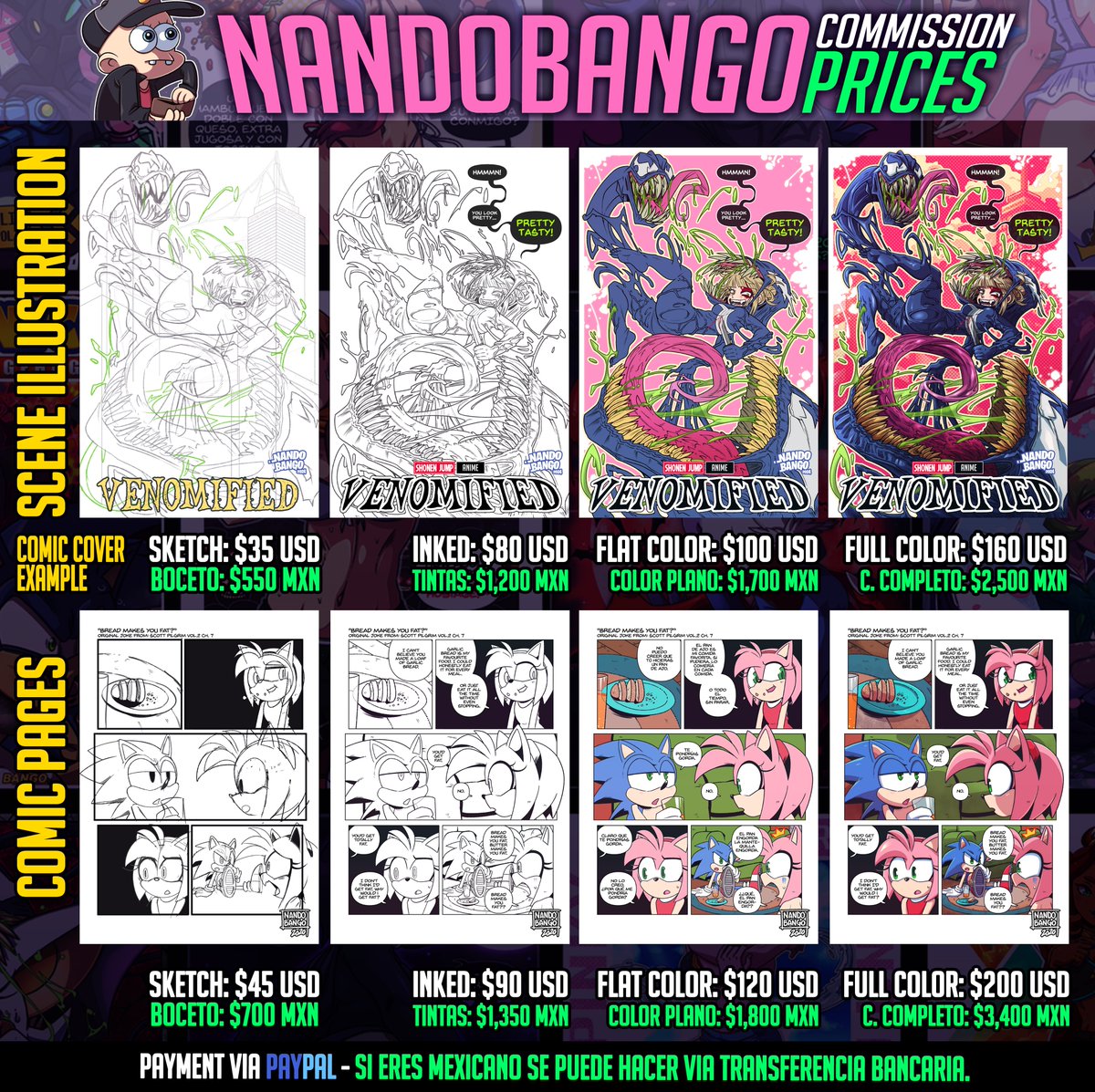 Nandoroid's tweet photo. ⭐️Finally updated my commission prices, they are both in English and Spanish. I even added the Do's and Dont's.

⭐️Finalmente actualicé mis precios de comisiónes, están tanto en Inglés como en Español. Incluso agregué las cosas que hago y las que no. https://t.co/g1vy1vxpP0