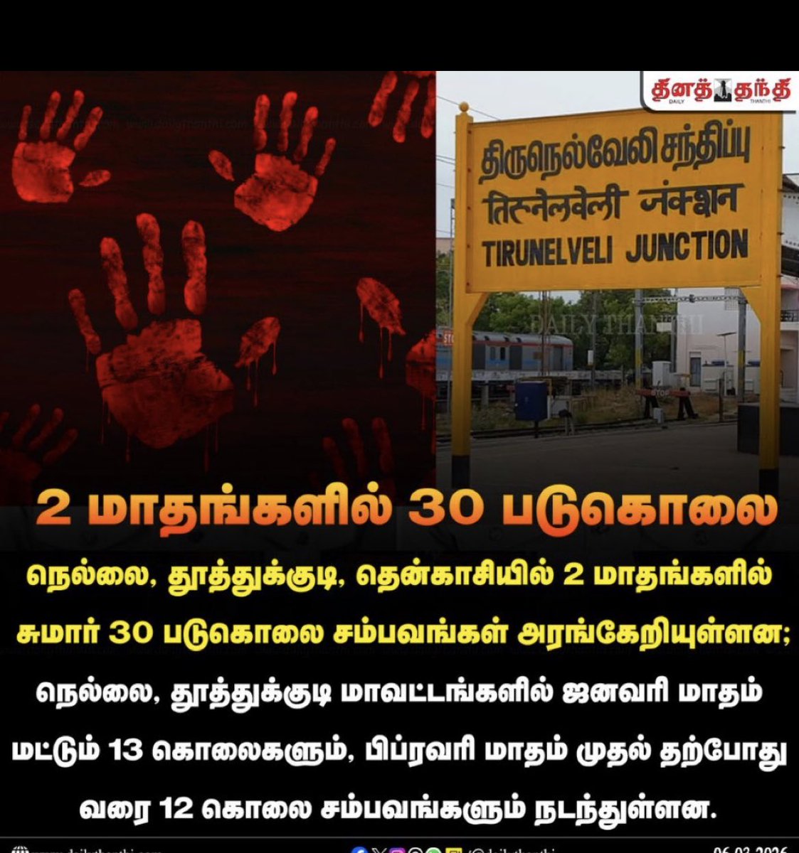 நெல்லை தூத்துக்குடி தென்காசியில் 2 மாதங்களில் 30 படுகொலைகள் ஏன்?எதற்காக?

வேலையில்லா திண்டாம் என பழைய உருட்டை உருட்ட வேண்டாம் வேலைக்கு ஆட்கள் கிடைக்காம ஆயிரக்கணக்கில் இந்திகாரர்கள் வந்து வேலை செய்கின்றனர்.
அவர்களையும் வெட்டிப்போட்டாச்சு!
எப்பவும்போல் வேடிக்பை பார்க்கும் அரசு.