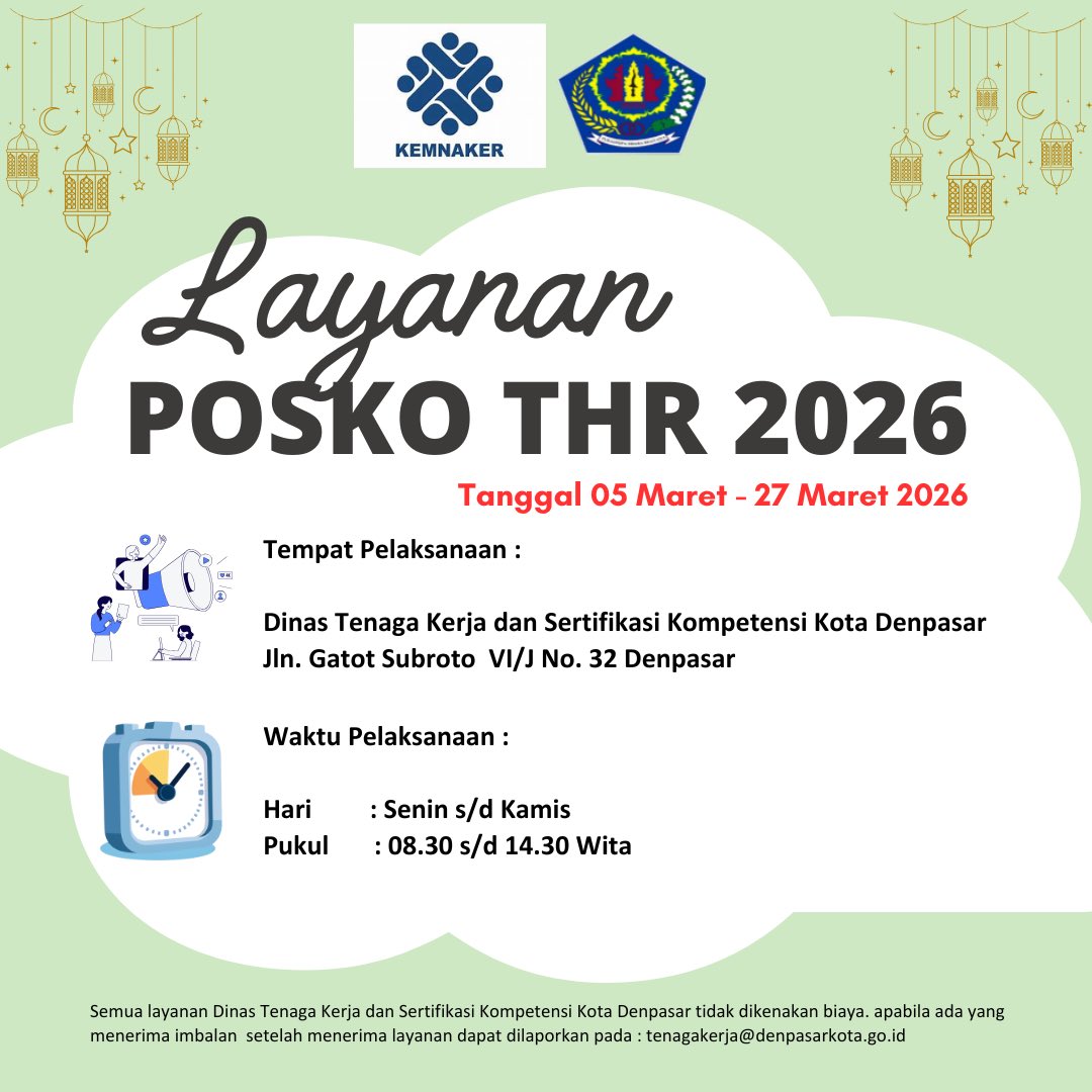 DenpasarKota's tweet photo. Disnaker Kota Denpasar memberikan Layanan konsultasi dan pengaduan THR/BHR dilakukan secara informatif,cepat, tepat dan humanis.
#diaskaner #denpasarkota #THR #posko #pengaduan https://t.co/3nIkT84XPS