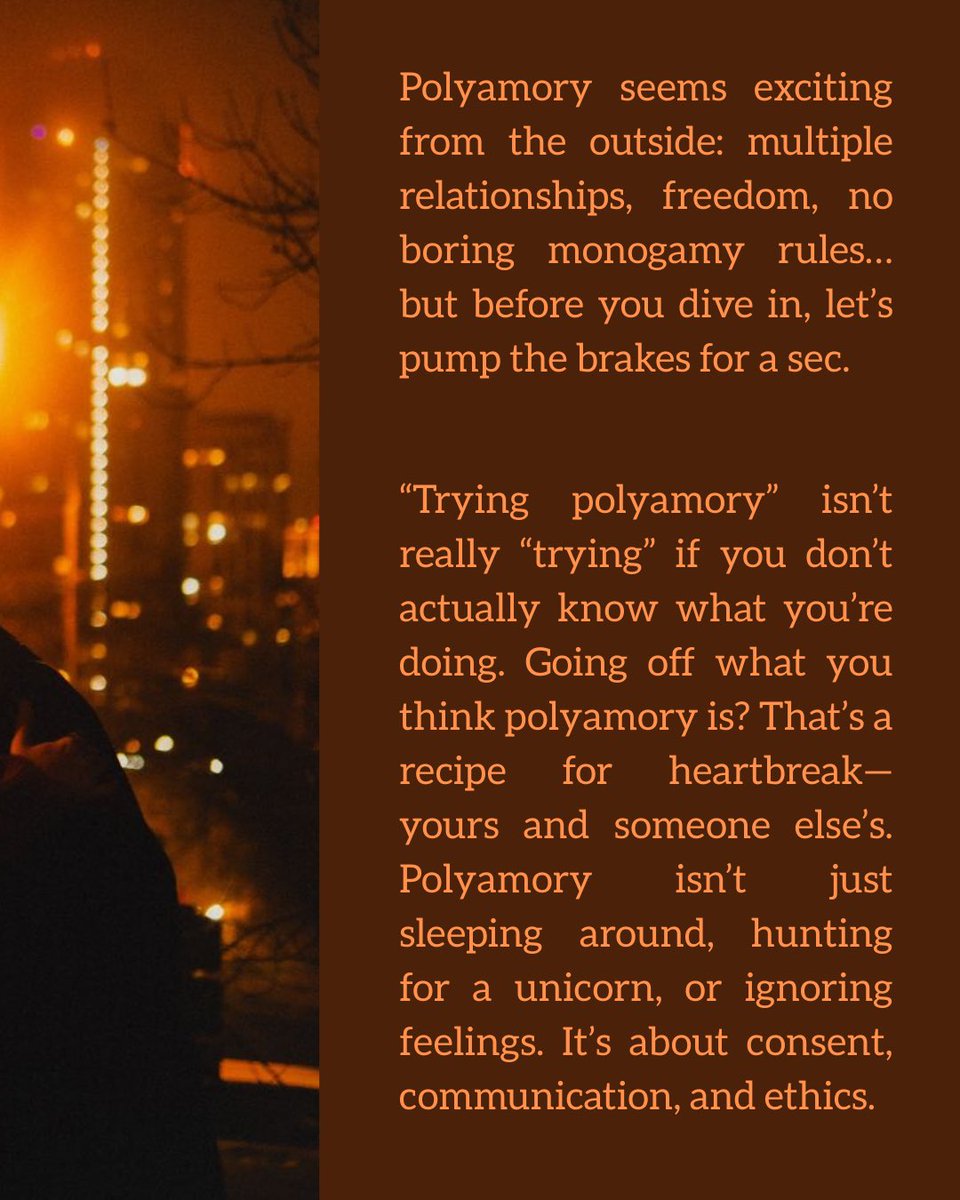 3fun_app's tweet image. The quotation marks around “trying” exist for a reason: many people think they can just wing it and call it polyamory. Nope. Doing that isn’t “trying”—it’s likely hurting someone and giving poly a bad rep.

#3Fun #polyamory #enm #nonmonogamy